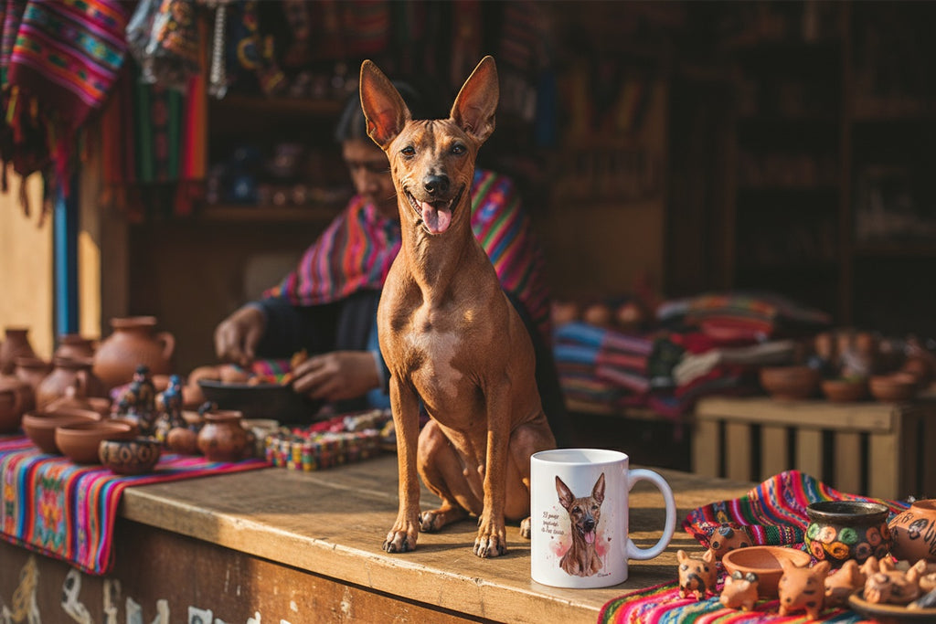 Perro Sin Pelo del Perú junto a taza cerámica con ilustración en acuarela – escena lifestyle Kiranoa