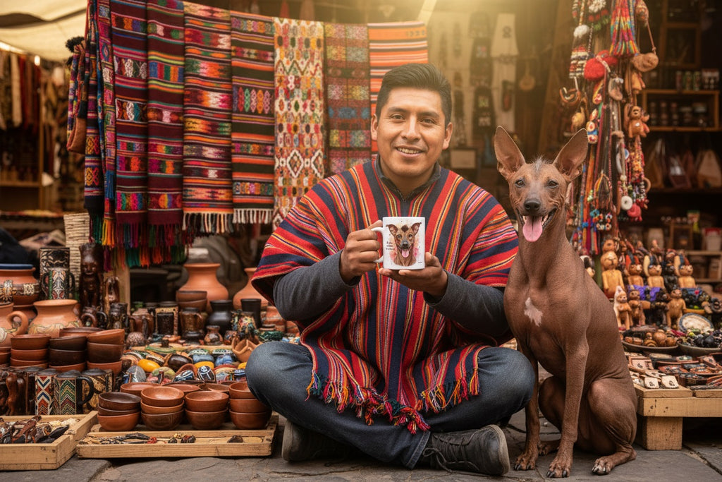 Perro Sin Pelo del Perú junto a taza cerámica con ilustración en acuarela – escena lifestyle Kiranoa