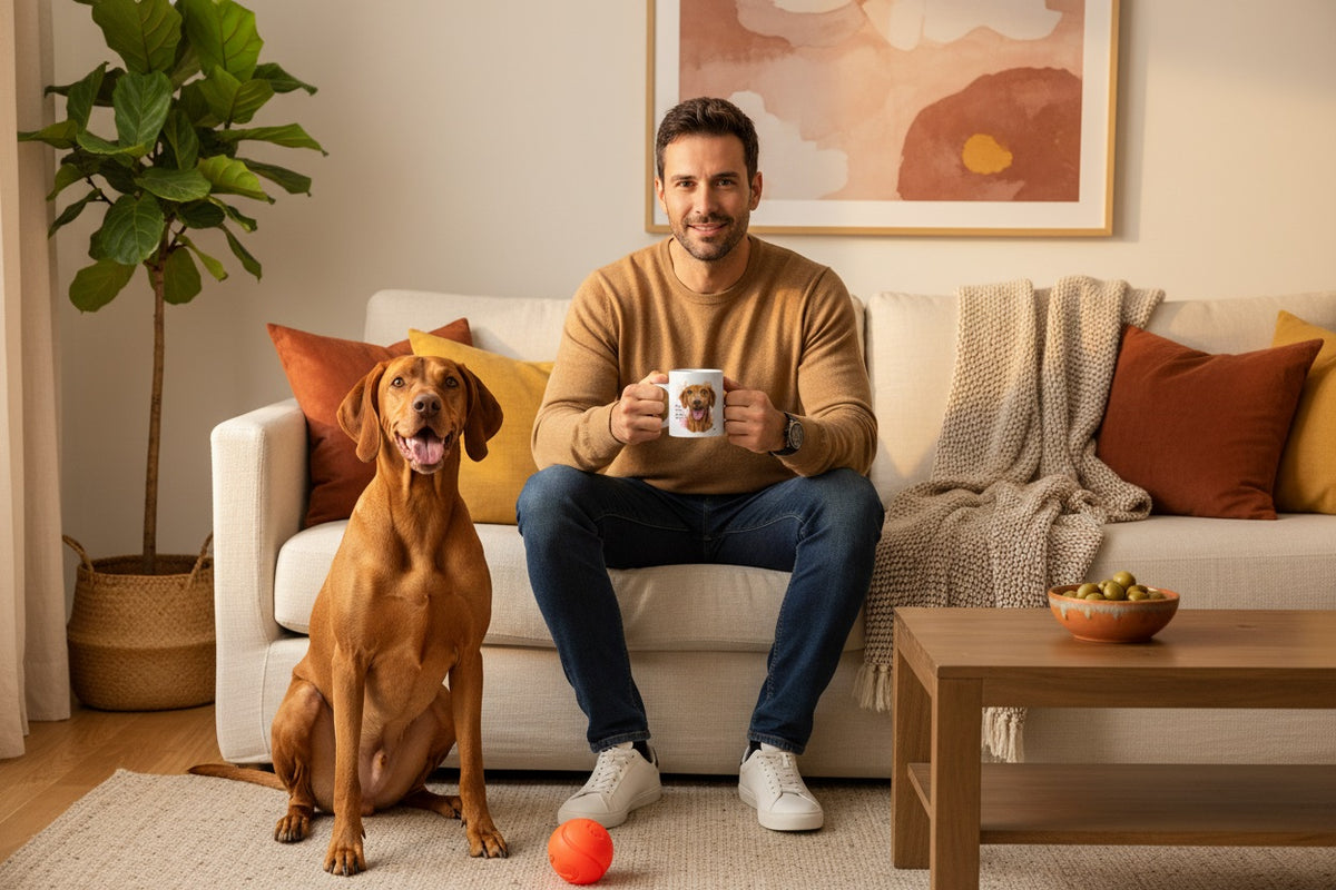 Vizsla junto a taza cerámica con ilustración en acuarela – escena lifestyle Kiranoa