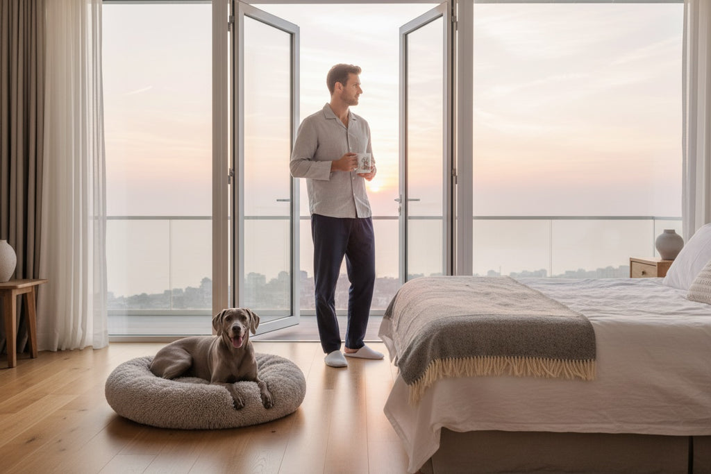 Weimaraner junto a taza cerámica con ilustración en acuarela – escena lifestyle Kiranoa