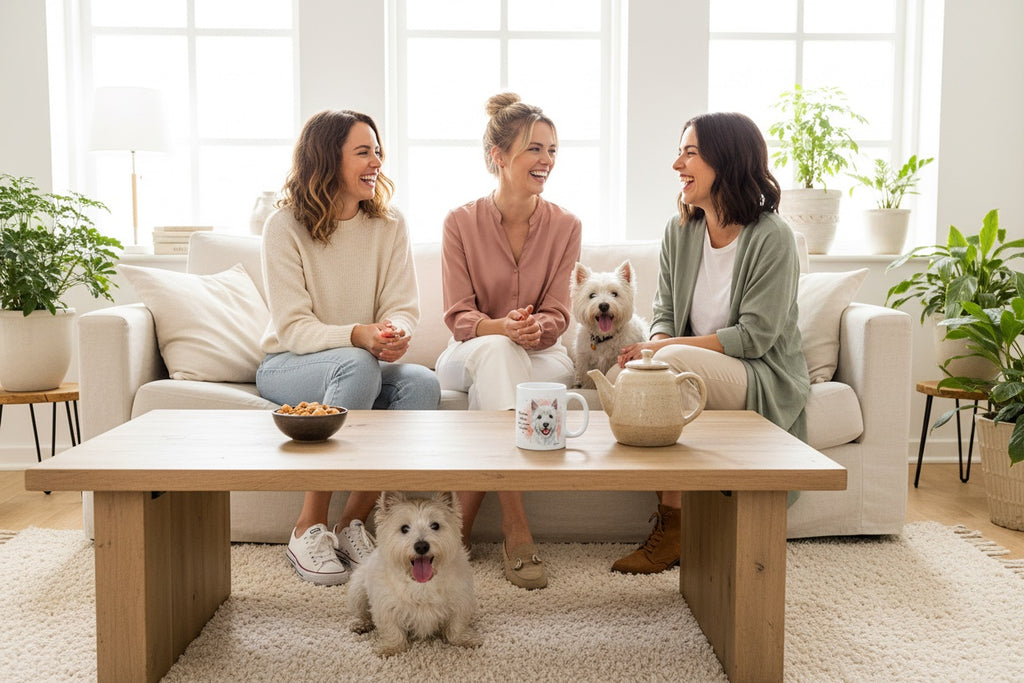 Westie junto a taza cerámica con ilustración en acuarela – escena lifestyle Kiranoa