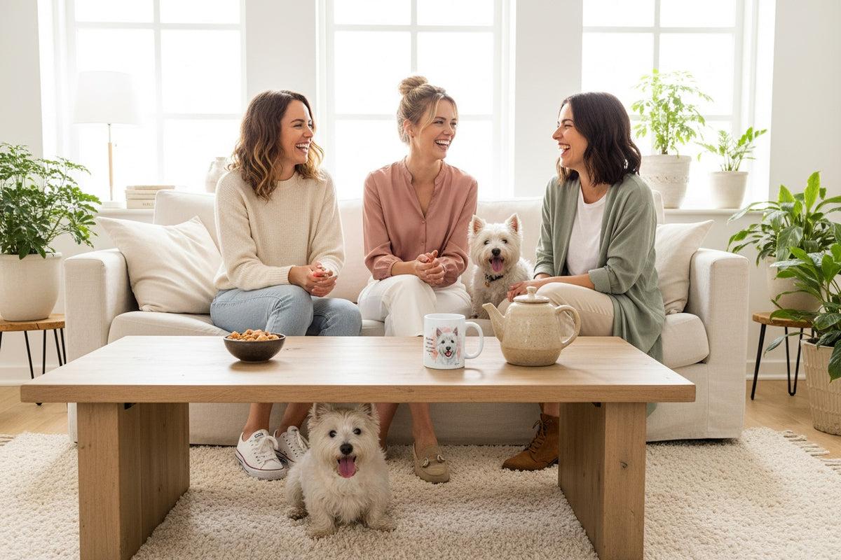 Westie junto a taza cerámica con ilustración en acuarela – escena lifestyle Kiranoa