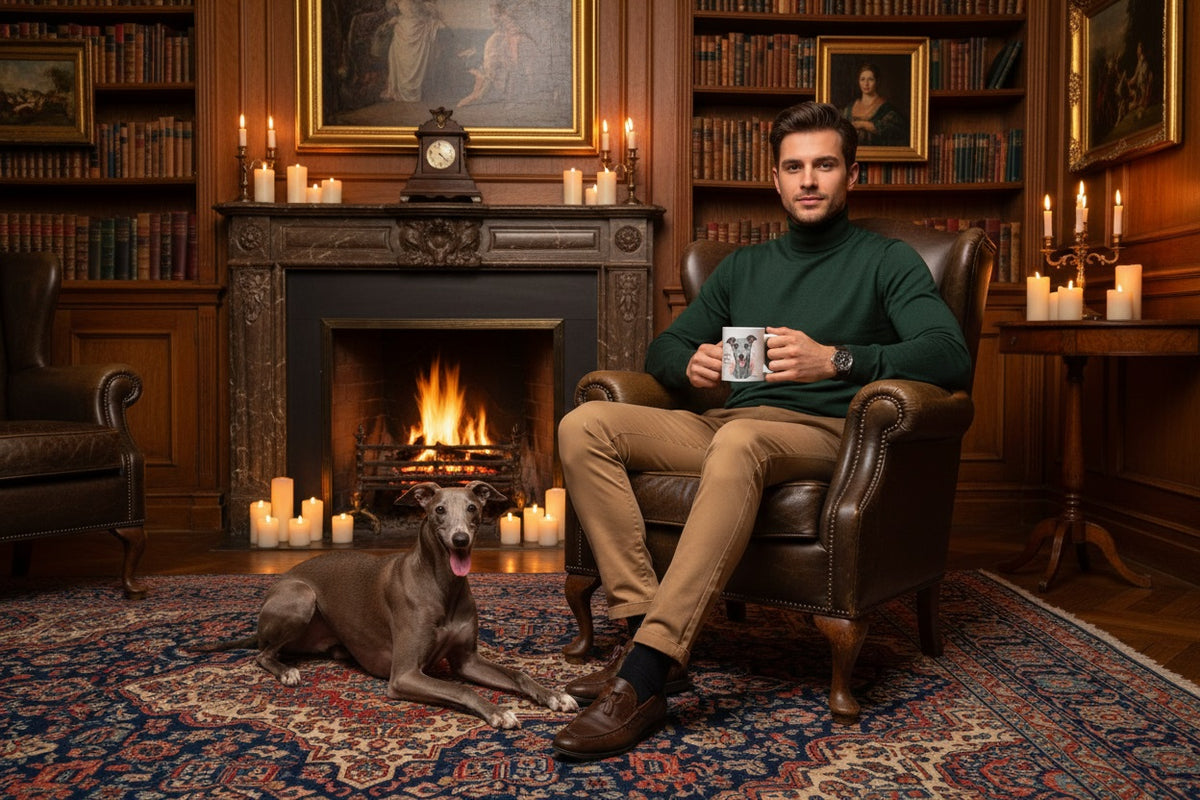 Whippet junto a taza cerámica con ilustración en acuarela – escena lifestyle Kiranoa