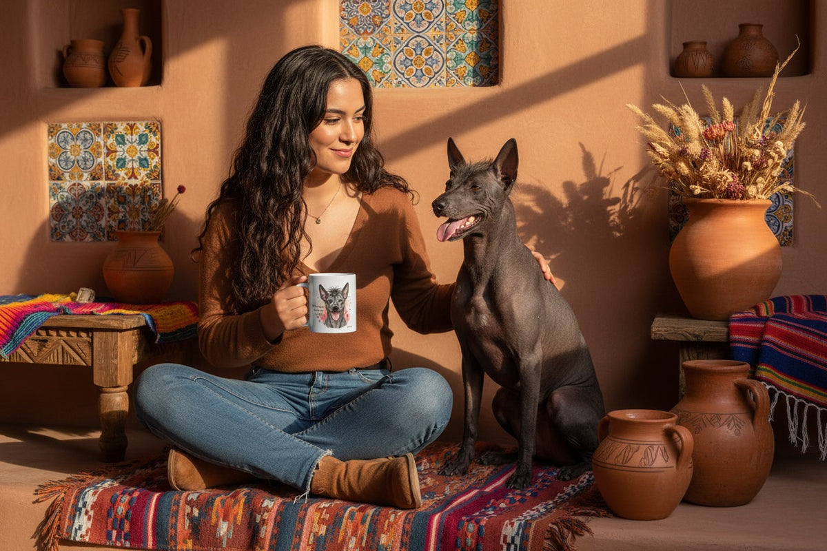 Xoloitzcuintle junto a taza cerámica con ilustración en acuarela – escena lifestyle Kiranoa