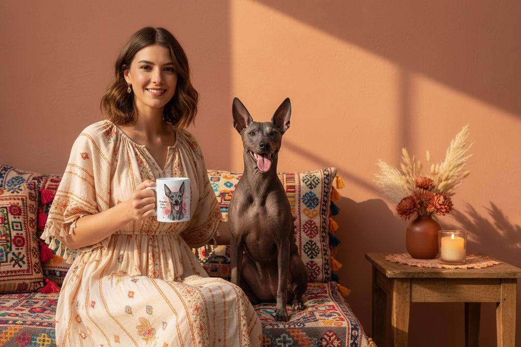 Xoloitzcuintle junto a taza cerámica con ilustración en acuarela – escena lifestyle Kiranoa