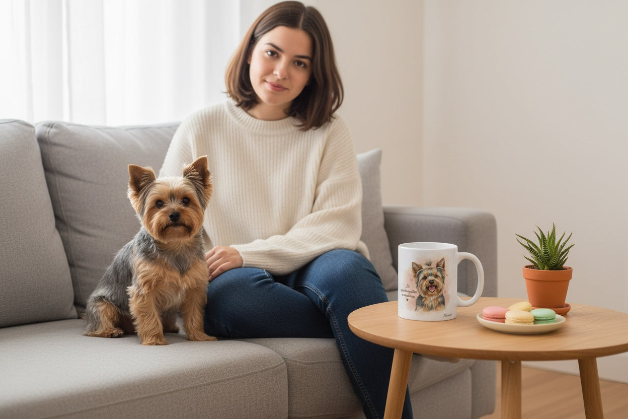 Yorkshire Terrier junto a su dueña en sofá con taza cerámica Kiranoa y macarons