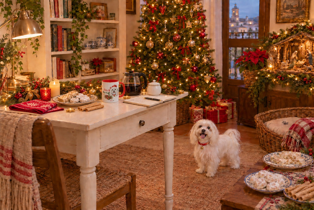 Bichón Maltés junto a taza roja de Navidad con ilustración en acuarela escena lifestyle Kiranoa Navidad