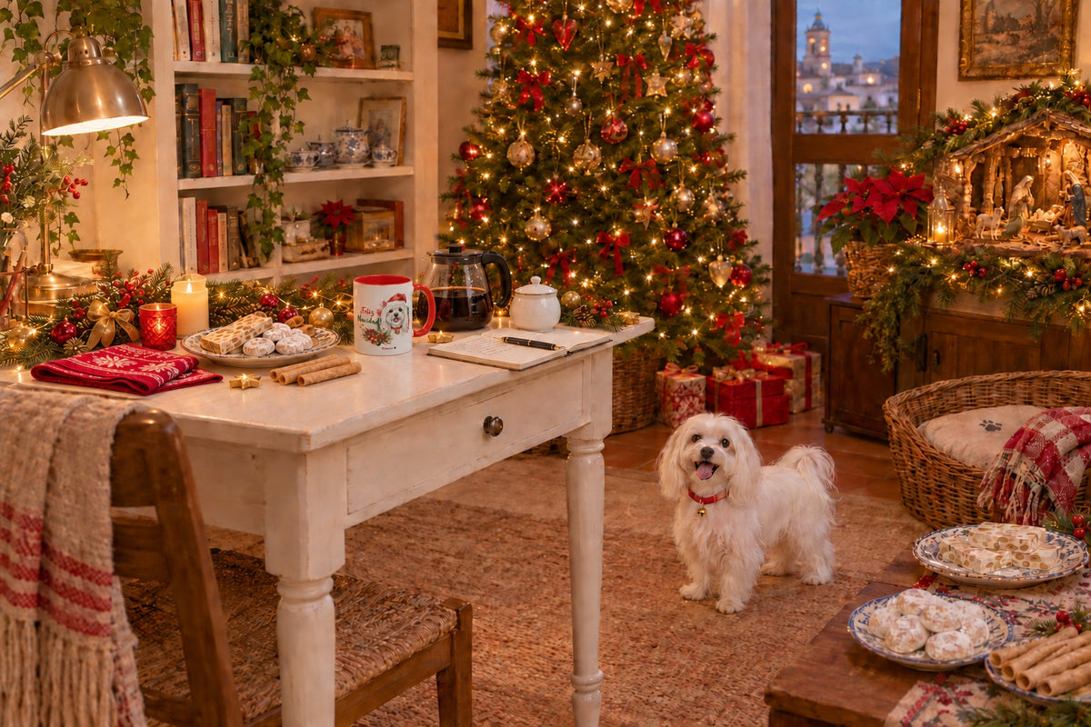 Bichón Maltés junto a taza roja de Navidad con ilustración en acuarela escena lifestyle Kiranoa Navidad