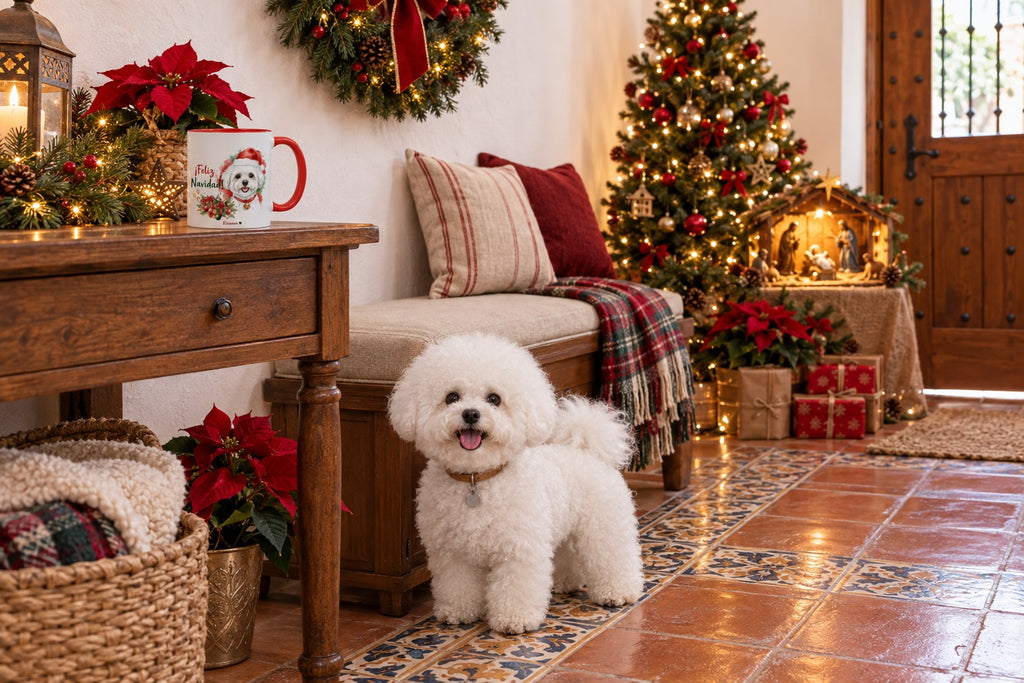 Bichón Frisé junto a taza roja de Navidad con ilustración en acuarela escena lifestyle Kiranoa