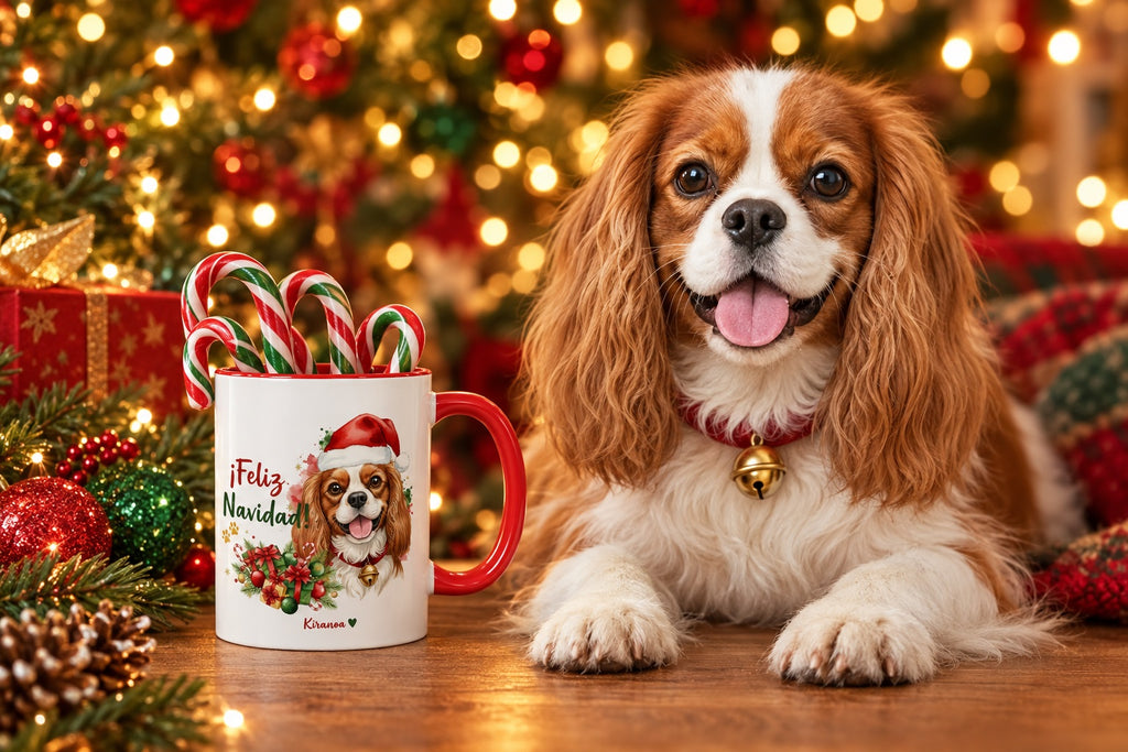 Cavalier King Charles junto a taza roja de Navidad con ilustración en acuarela escena lifestyle Kiranoa