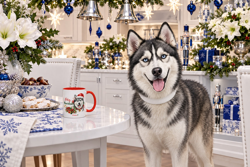 Husky Siberiano junto a taza roja de Navidad con ilustración en acuarela escena lifestyle Kiranoa