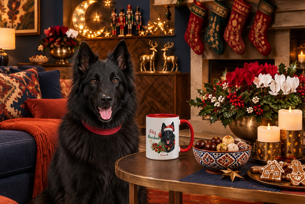 Pastor Belga Groenendael junto a taza roja de Navidad con ilustración en acuarela escena lifestyle Kiranoa