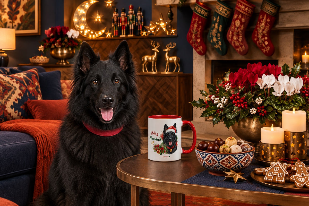 Pastor Belga Groenendael junto a taza roja de Navidad con ilustración en acuarela escena lifestyle Kiranoa