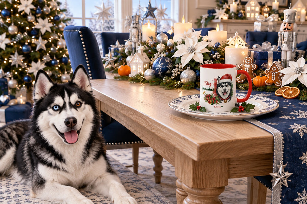 Husky Siberiano Bicolor junto a taza roja de Navidad con ilustración en acuarela escena lifestyle Kiranoa