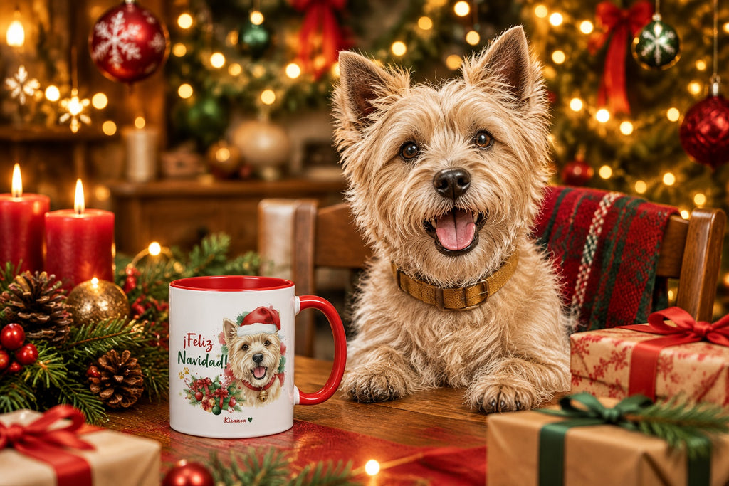 Cairn Terrier junto a taza roja de Navidad con ilustración en acuarela escena lifestyle Kiranoa