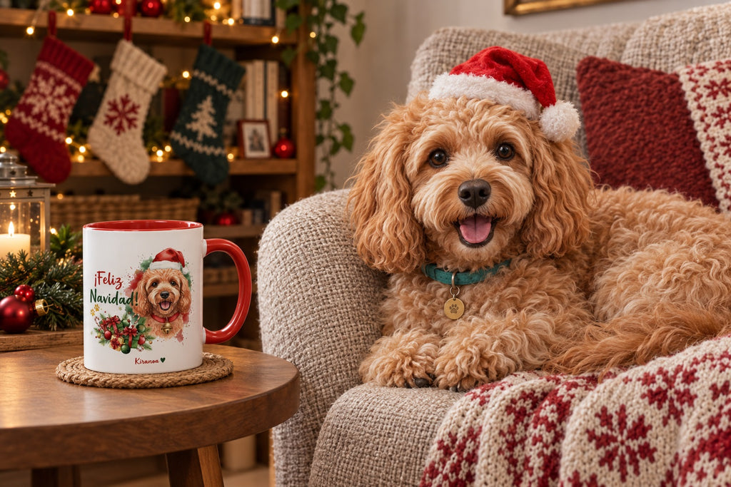 Caniche Albaricoque junto a taza roja de Navidad con ilustración en acuarela escena lifestyle Kiranoa