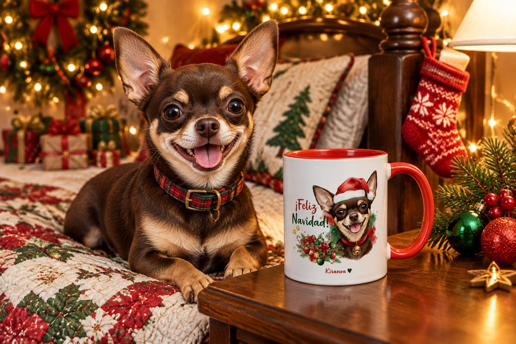 Chihuahua chocolate junto a taza roja de Navidad con ilustración en acuarela escena lifestyle Kiranoa