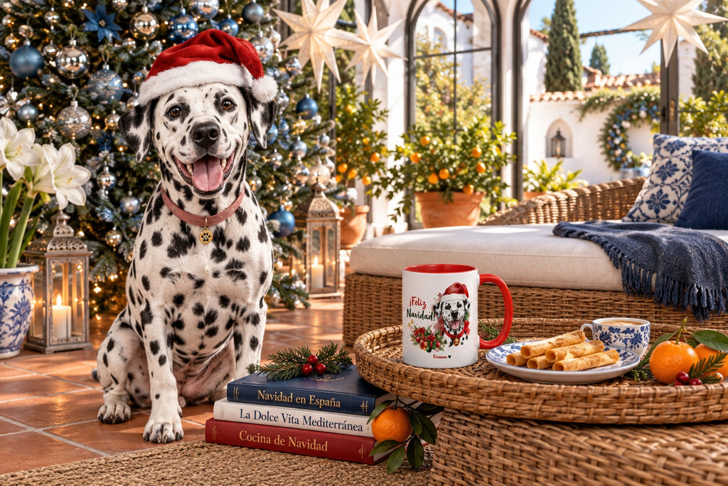 Dálmata junto a taza roja de Navidad con ilustración en acuarela escena lifestyle Kiranoa
