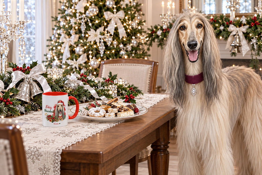 Galgo Afgano junto a taza roja de Navidad con ilustración en acuarela escena lifestyle Kiranoa