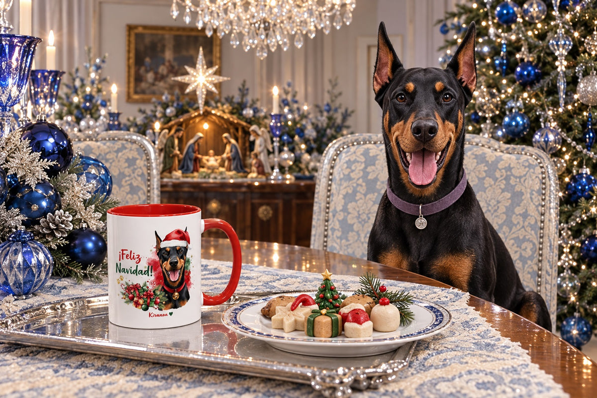 Dóberman junto a taza roja de Navidad con ilustración en acuarela escena lifestyle Kiranoa