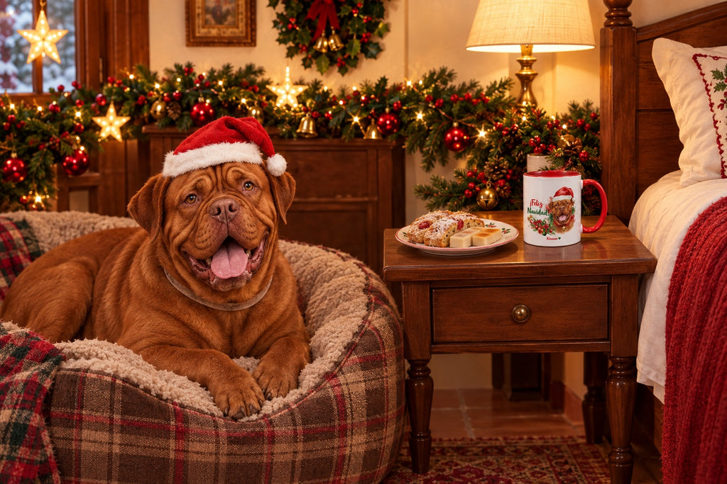 Dogo de Burdeos junto a taza roja de Navidad con ilustración en acuarela escena lifestyle Kiranoa