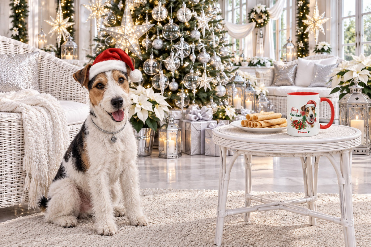 Fox Terrier junto a taza roja de Navidad con ilustración en acuarela escena lifestyle Kiranoa