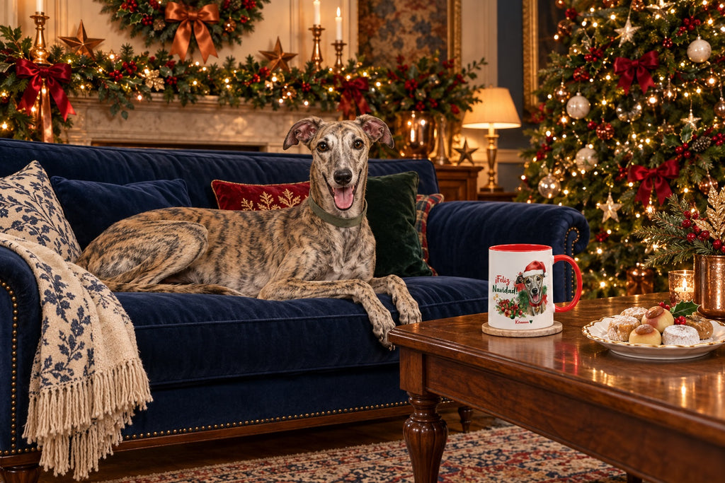 Galgo Español junto a taza roja de Navidad con ilustración en acuarela escena lifestyle Kiranoa