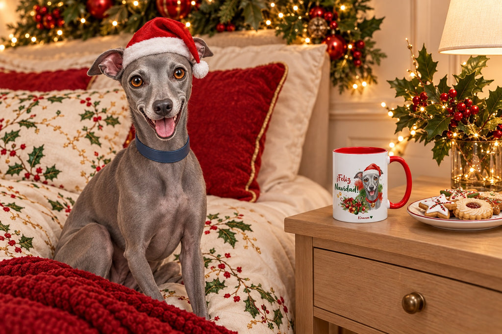 Galgo Italiano junto a taza roja de Navidad con ilustración en acuarela escena lifestyle Kiranoa