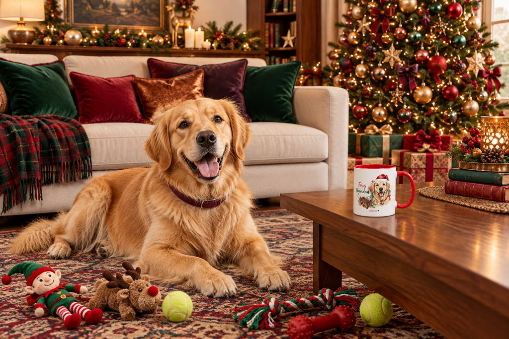 Golden Retriever junto a taza roja de Navidad con ilustración en acuarela escena lifestyle Kiranoa
