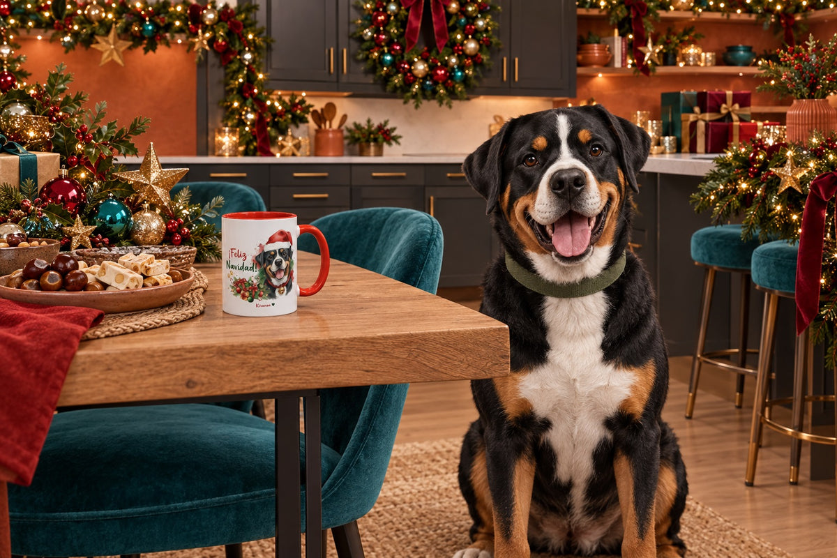 Gran Boyero Suizo junto a taza roja de Navidad con ilustración en acuarela escena lifestyle Kiranoa
